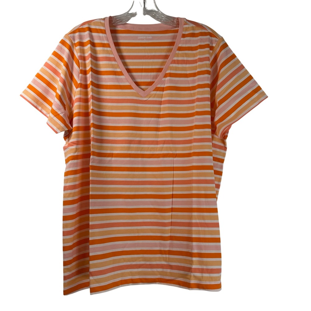 Lands End Womens XL Supima Cotton V-Neck Striped T-Shirt Orange Multi